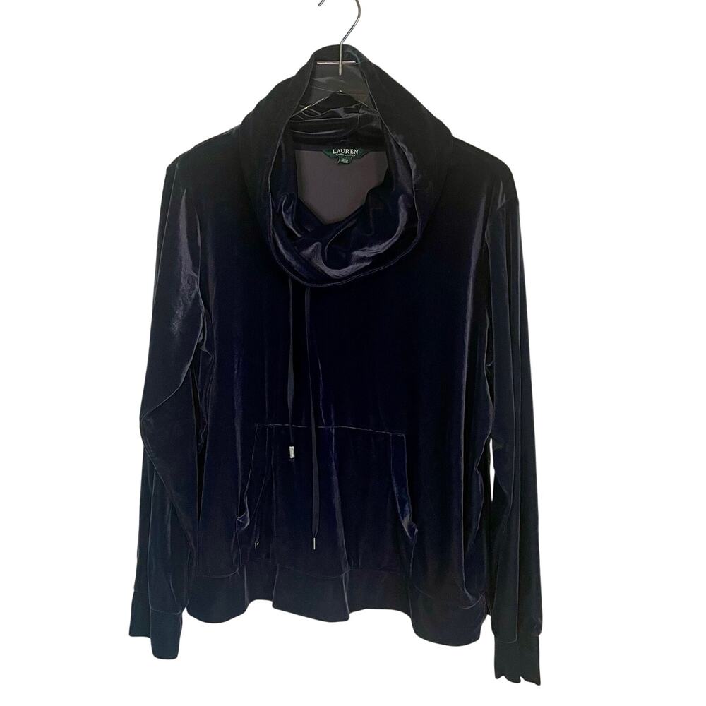Lauren Ralph Lauren Women's Deep Cowl Dark Blue Velvet Pullover Sweatshirt XL